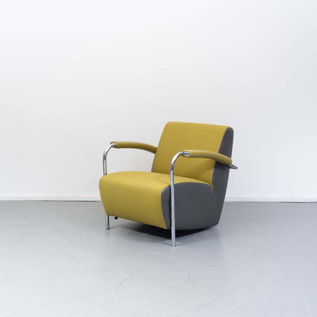Leolux Scylla Laag Fauteuil Geel/Grijs Stof, Huis en Inrichting, Fauteuils, Niet ingevuld, Zo goed als nieuw, Niet ingevuld, Niet ingevuld