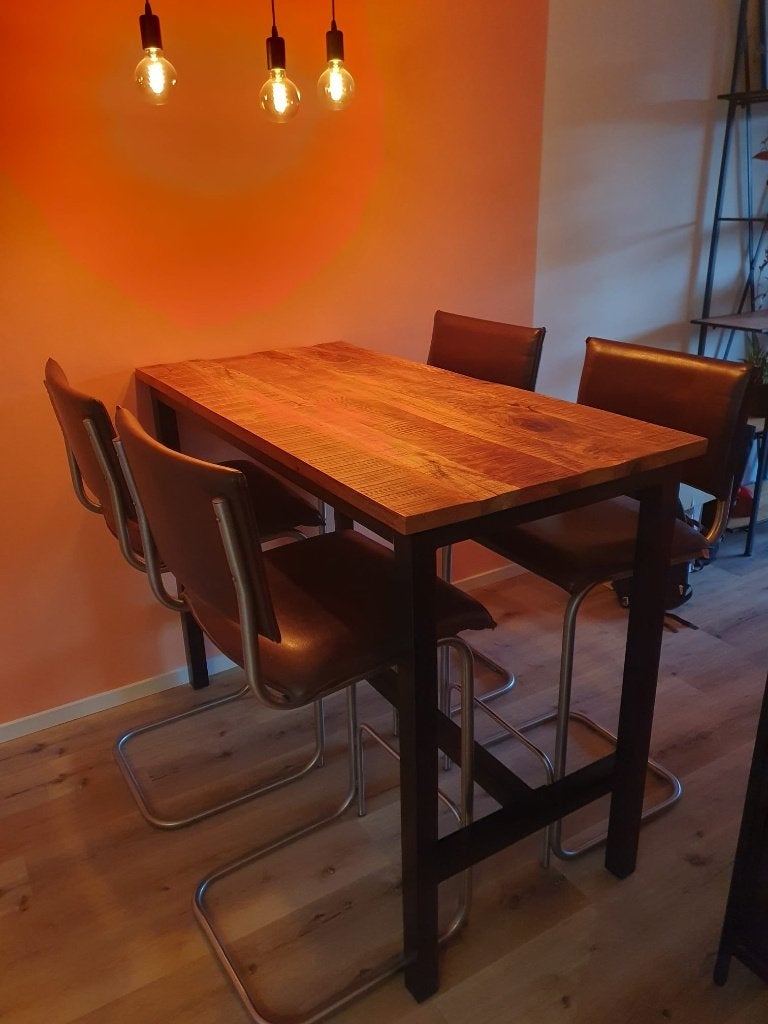 Bartafel / eettafel met bijpassende lederen barstoelen, Ophalen, Gebruikt, 100 tot 150 cm, 50 tot 100 cm