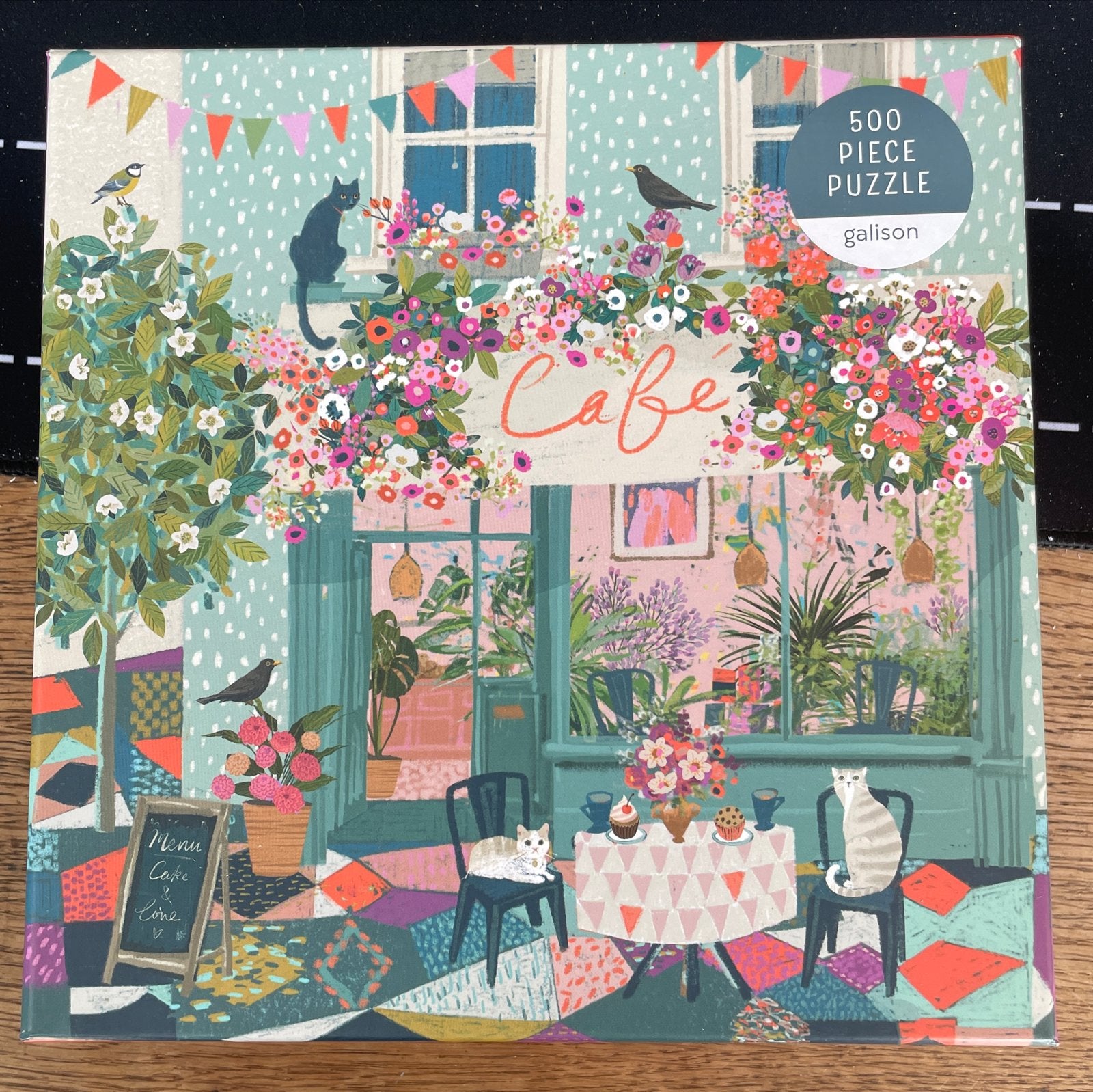 Galison Cafe 500 Stukjes Legpuzzel met Katten en Bloemen, Ophalen of Verzenden, 500 t/m 1500 stukjes, Zo goed als nieuw, Legpuzzel