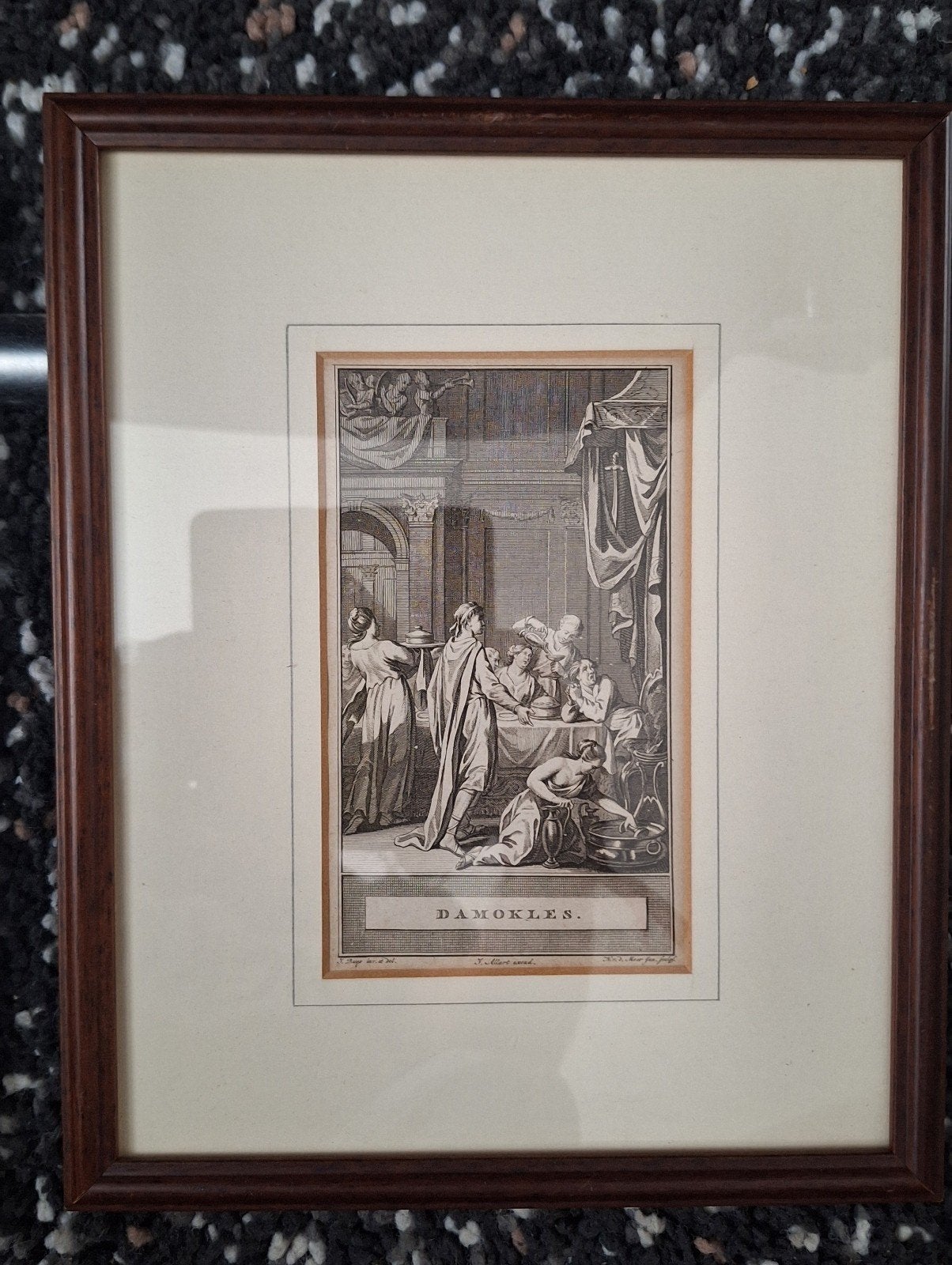 Antieke Gravure 'Damokles' - Klassieke Scène, Antiek en Kunst, Ophalen of Verzenden