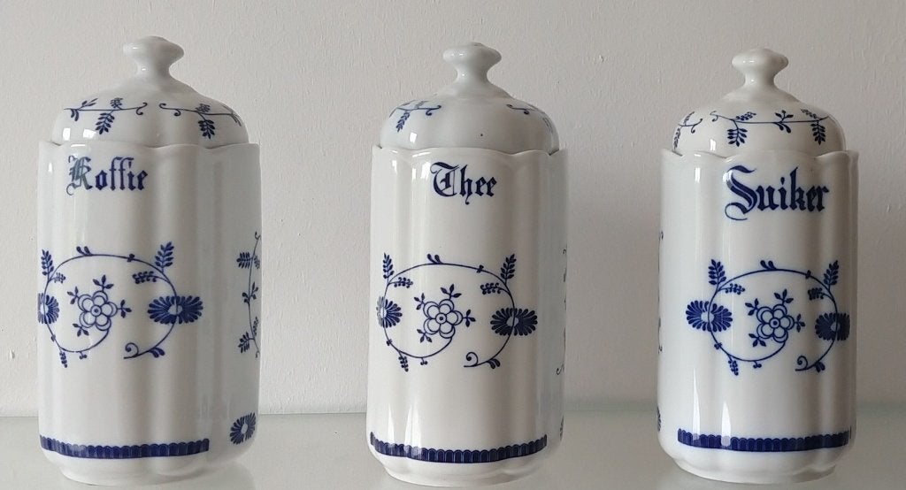 voorraadpotten suiker thee koffie blauw saks aardew.vlgnr 23, Overige typen, Ophalen of Verzenden, Zo goed als nieuw, Overige stijlen