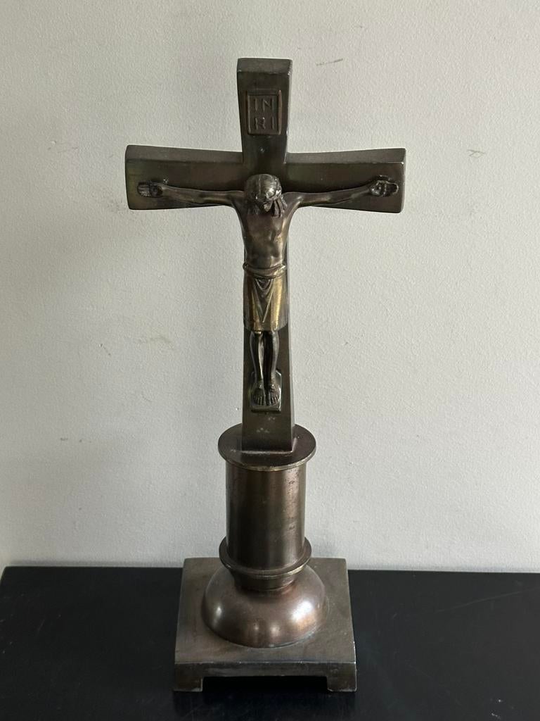 Groot Art Deco metalen kruisbeeld 30.5 cm, Antiek en Kunst, Ophalen of Verzenden