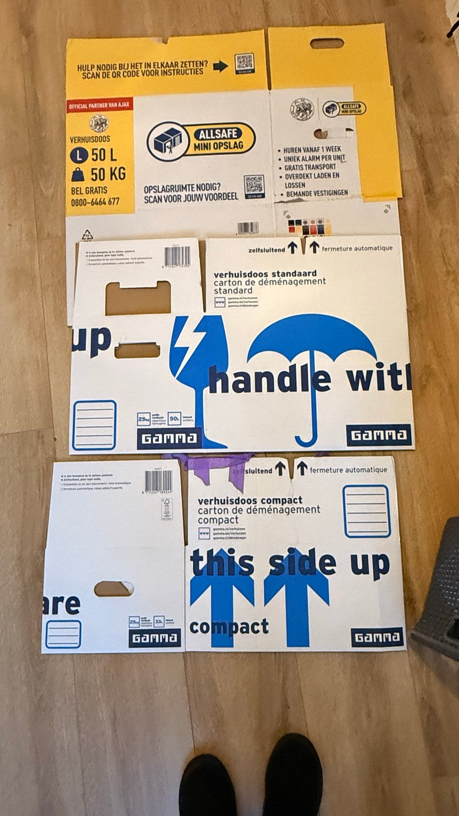 Grote set verhuisdozen (Allsafe & Gamma), Ophalen, 40 tot 60 cm, 50 tot 75 cm, 35 tot 50 cm