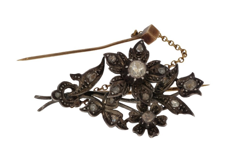 Diamanten antieke bloem tak broche 14k goud zilver dames, Verzenden, Goud, Broche, Met edelsteen