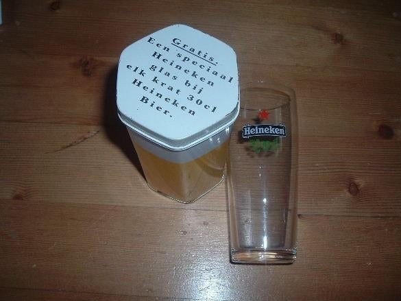 Heineken blikje (nr.1) zeshoekig met glas fluitje, Verzamelen, Biermerken, Ophalen of Verzenden, Nieuw, Glas of Glazen, Heineken