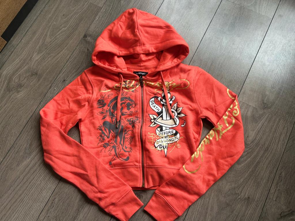 Oranje/koraal kleurige hoodie ed hardy, Ophalen of Verzenden, Zo goed als nieuw, Jongen of Meisje, Trui of Vest