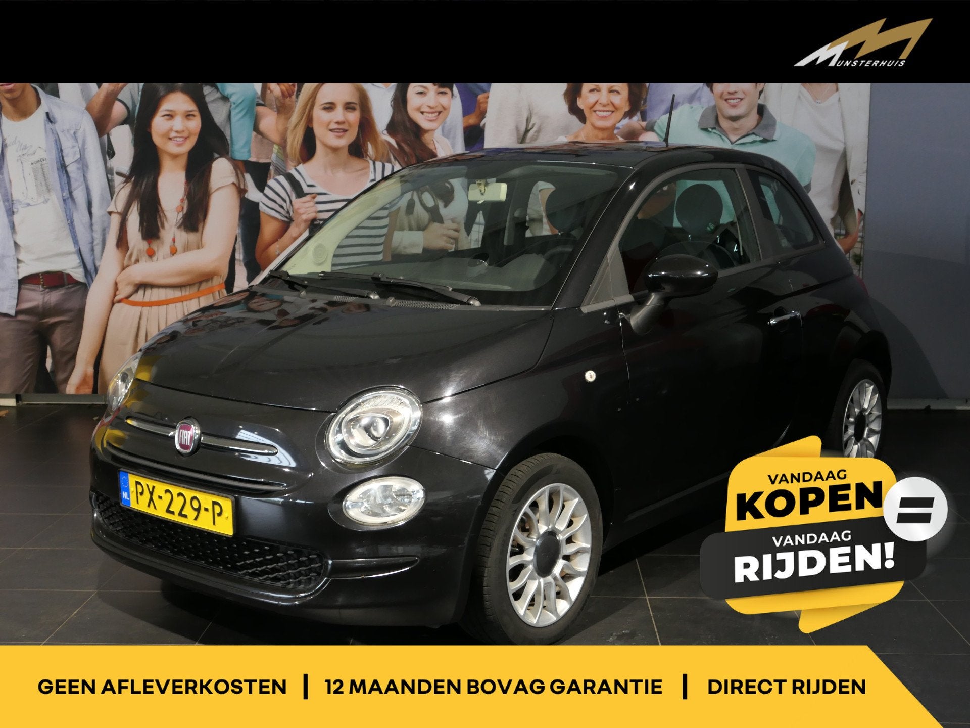 Fiat 500 1.0 TwinAir Pop Airco, Cruise, LMV (bj 2017), Stof, Gebruikt, 840 kg, Zwart