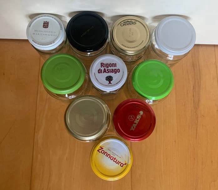 10 Jampotten jampotjes ~ glazen potten, Ophalen, Gebruikt, Met deksel, Pot, Bus of Blik