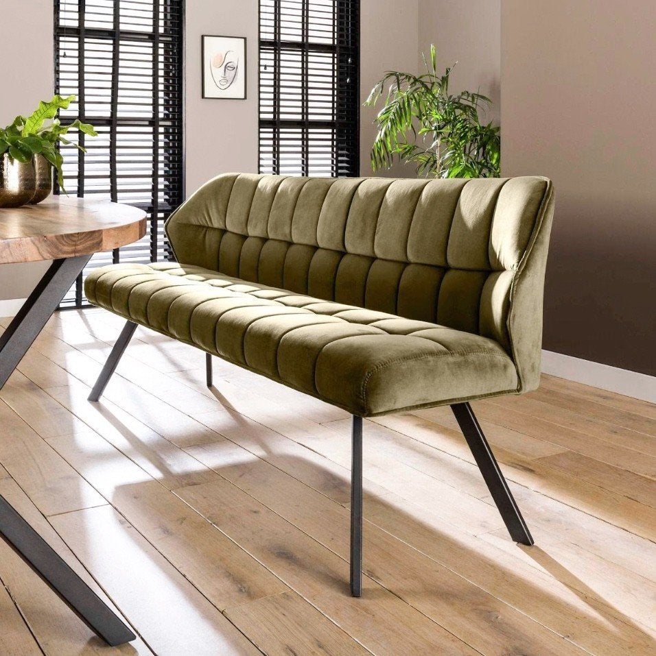 Eetkamerbank Mosgroen Velours - Nu €199! Op Voorraad, Overige materialen, Modern, Industrieel, 150 tot 200 cm, Nieuw