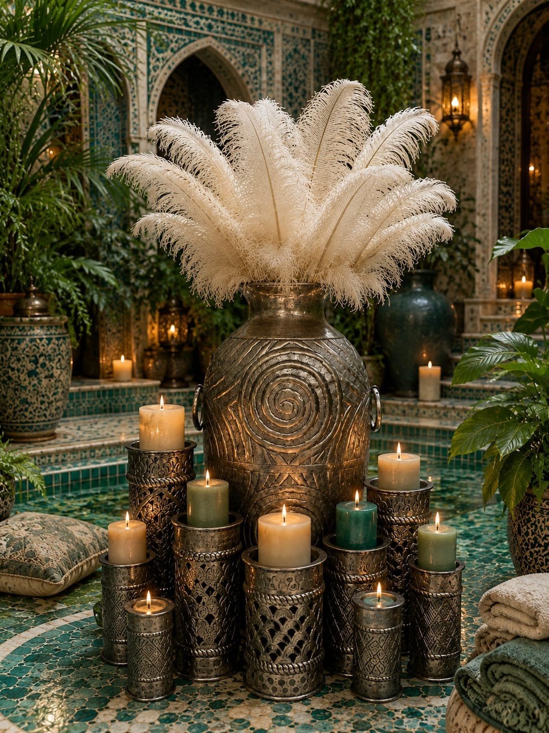 Zilverkleurige Oosterse Decoratie Set - Vaas & Kandelaars, Huis en Inrichting, Woonaccessoires | Vazen, Ophalen, Zo goed als nieuw