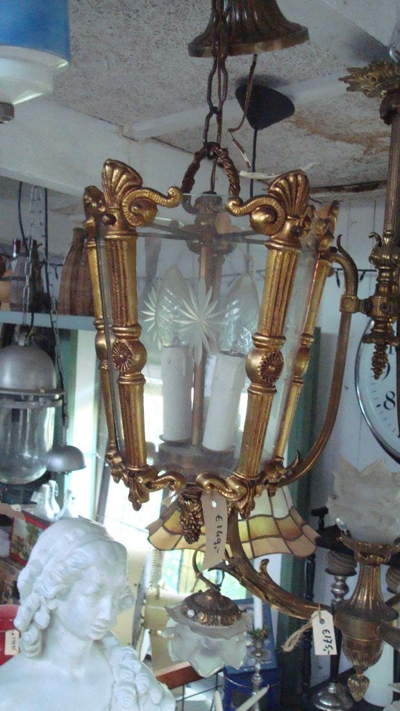 hal lantaarn brons met geslepen glas, Ophalen of Verzenden