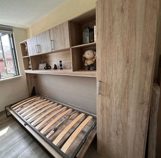 Opklapbed met ombouwkasten en smalle hangkast, Huis en Inrichting, Ophalen, Modern, Ruimtebesparend, Gebruikt, 90 cm
