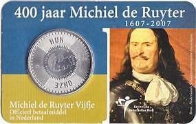 Themaset zilveren 5 euromunt Michiel de Ruyter 400 jaar, Setje, Koningin Beatrix, Zilver, Euro's