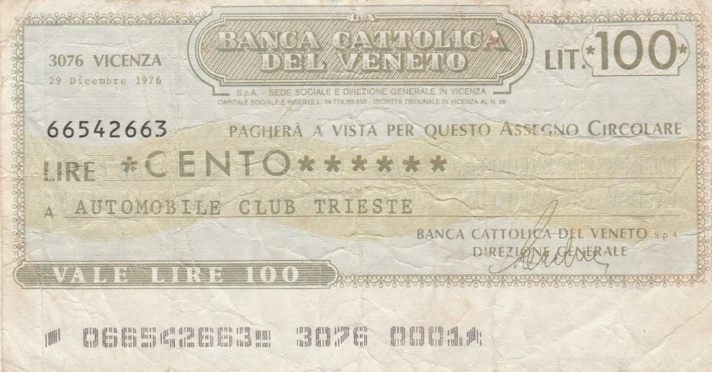 2 Mini-cheques van 100 lire 1976 of 1977, Ophalen of Verzenden, Italië, Setje