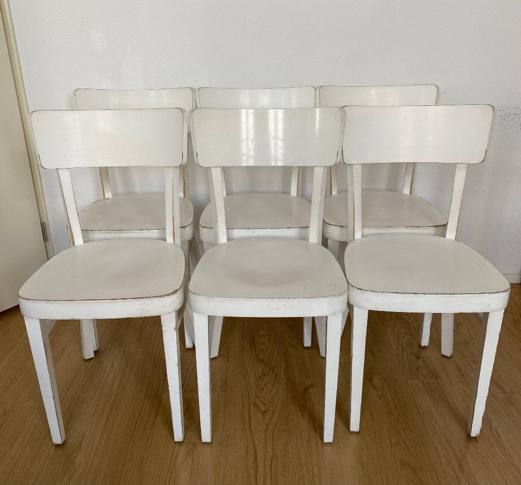Set of 6 wooden dining chairs in white, Ophalen, Gebruikt, Wit, Vijf, Zes of meer stoelen