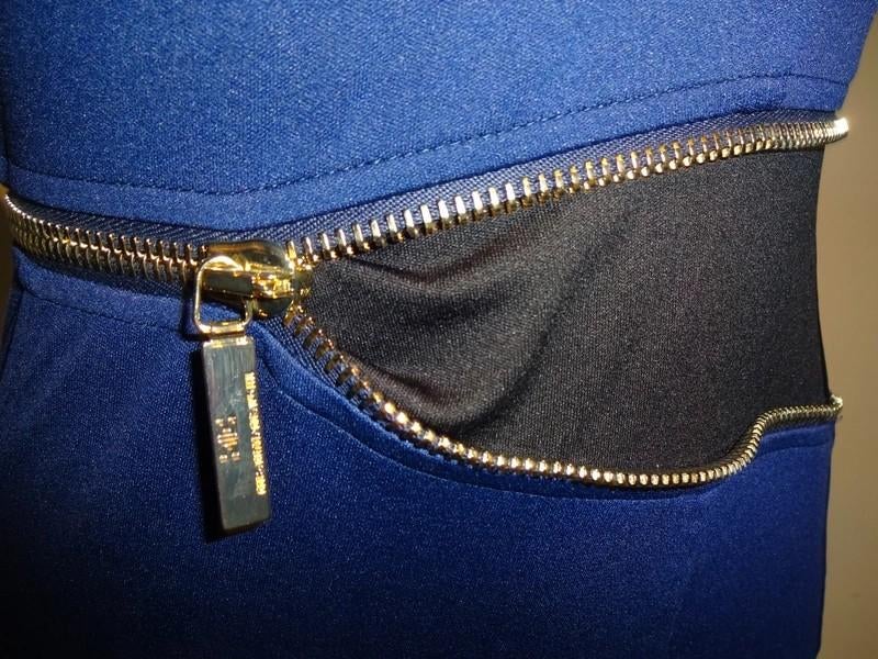 Elisabetta Franchi donker blauwe stretch jurk gouden rits, Zo goed als nieuw, Maat 36 (S), Boven de knie, Elisabetta Franchi