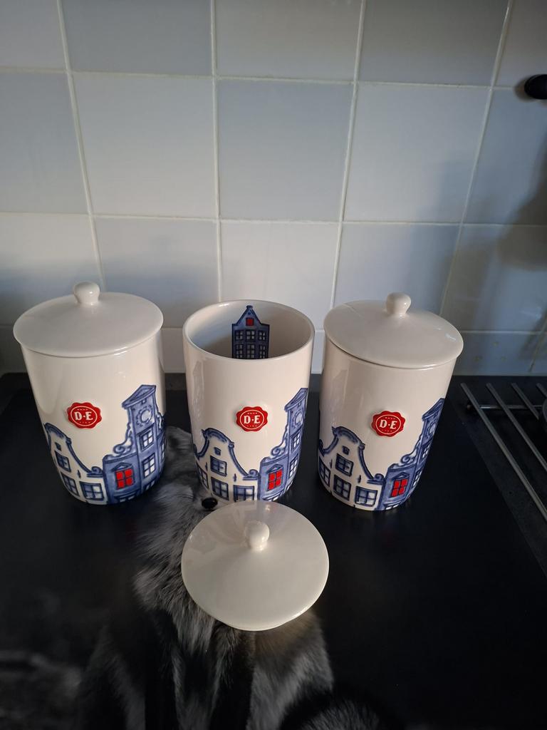 Douwe Egberts voorraadpotten Delfts blauw grachtenpandjes, Huis en Inrichting, Ophalen, Gebruikt, Overige stijlen, Overige typen