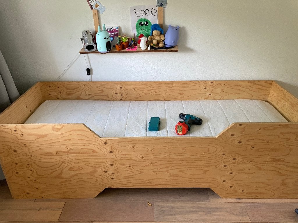 1 persoonsbed hout, Huis en Inrichting, Slaapkamer | Bedden, Ophalen, Gebruikt, Eenpersoons, Bruin