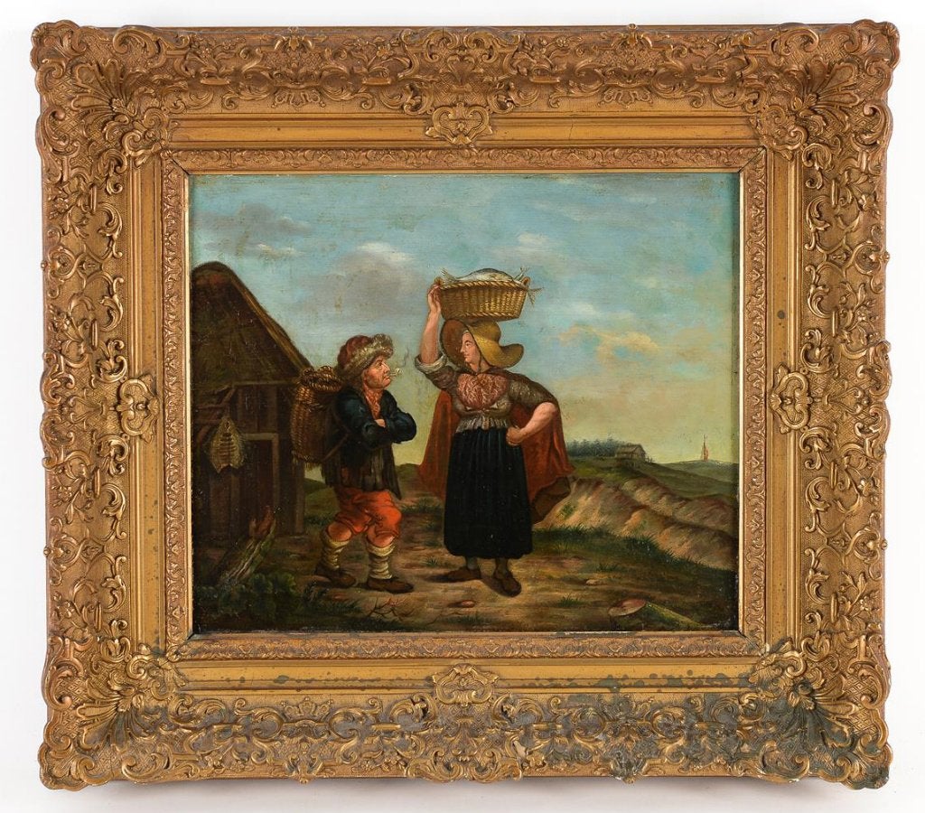 Visverkopers Holland circa 1850 zeldzaam, Antiek en Kunst, Kunst | Schilderijen | Klassiek, Ophalen, Bijzondere lijst, Olieverf