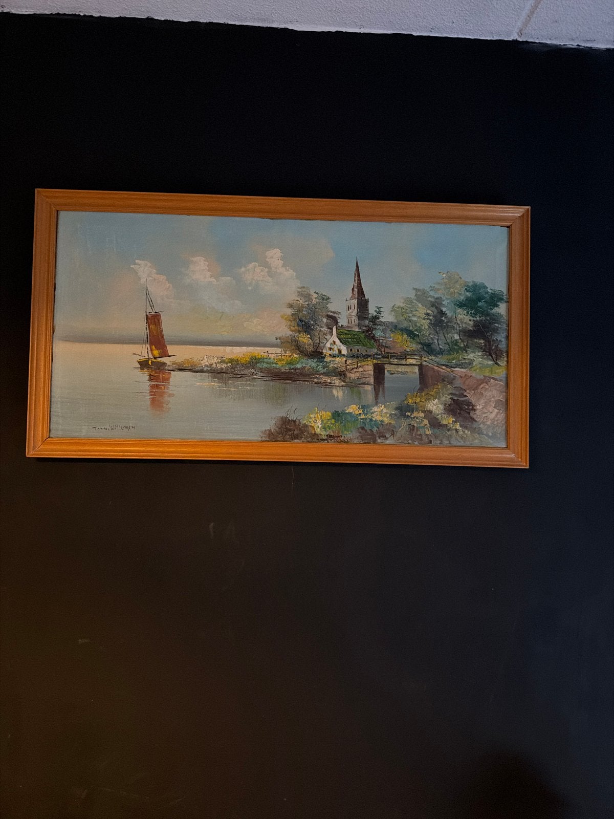 Schilderij Toon Willemsen - Landschap met zeilboot en kerk, Doek, Ophalen of Verzenden, Gesigneerd, Landschap