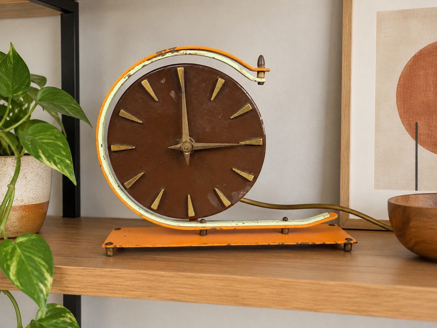Vintage Brocante Klok Jaren 50/60  Retro Design Oranje/Bruin, Antiek en Kunst, Ophalen of Verzenden