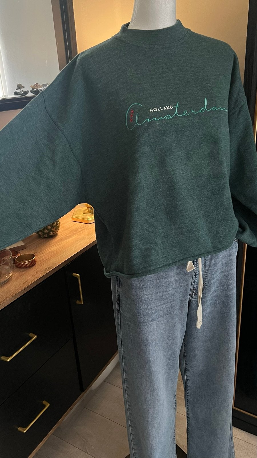 Groene sweater met 'Holland Amsterdam' opdruk, Kleding | Dames, Verzenden, Maat 42/44 (L), Zo goed als nieuw, Lange mouw