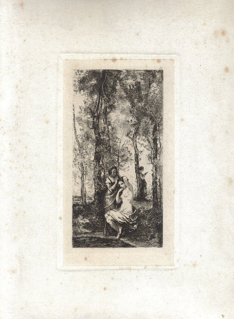 Onbekend frans naar Corot ets "Kapster in de Open Lucht", Ophalen, Dagelijks leven, 1800 - 1899, Ets