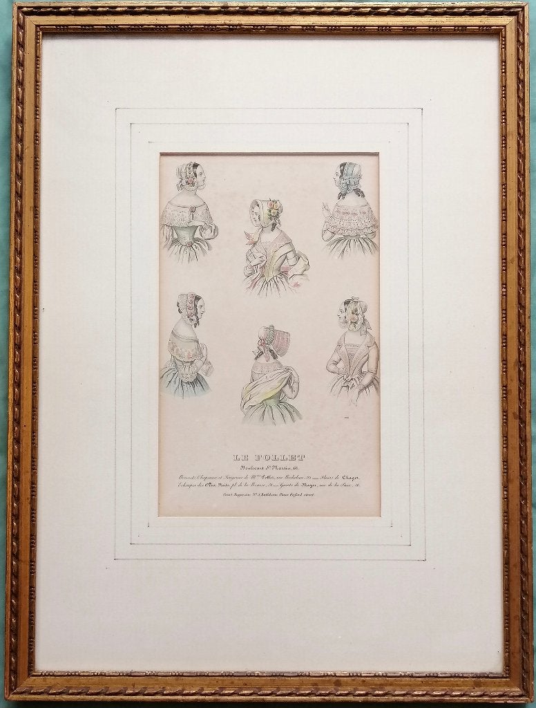 Antieke modeprent in lijst - hoedjes of mutsen., Antiek en Kunst, Ingelijst, 1800 - 1899, Mode, Ophalen of Verzenden