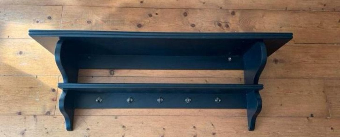 Zwarte brocante wandkapstok met plank, Huis en Inrichting, Woonaccessoires | Kapstokken, Gebruikt, Minder dan 100 cm, Hout, Ophalen
