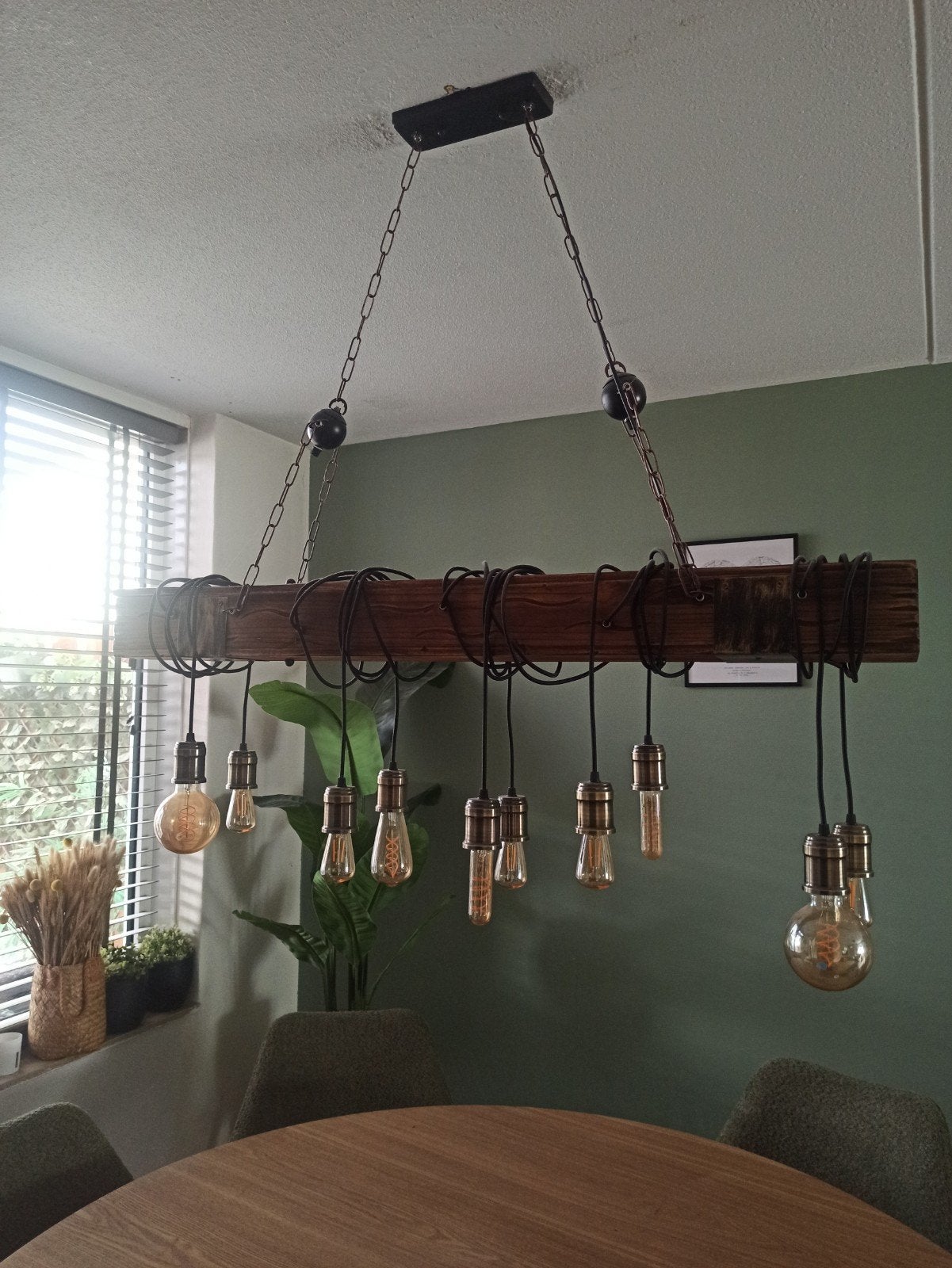 Industriële Houten Balk Hanglamp met Edison Lampen, Ophalen, Zo goed als nieuw, 75 cm of meer, Industrieel, Rustiek, Vintage