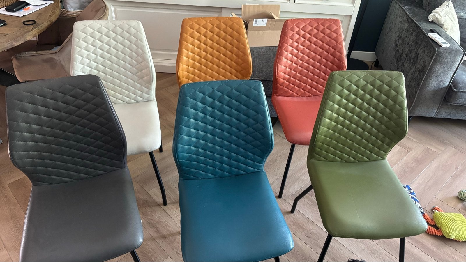 Set van 6 moderne eetkamerstoelen in diverse kleuren, Huis en Inrichting, Stoelen, Ophalen, Kunststof, Gebruikt, Overige kleuren