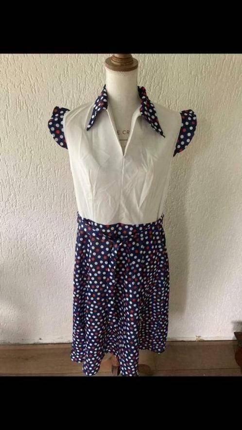 Vintage mouwloze jurk, witte bovenkant, gestippelde rok, Wit, Maat 46/48 (XL) of groter, Ophalen of Verzenden, Zo goed als nieuw