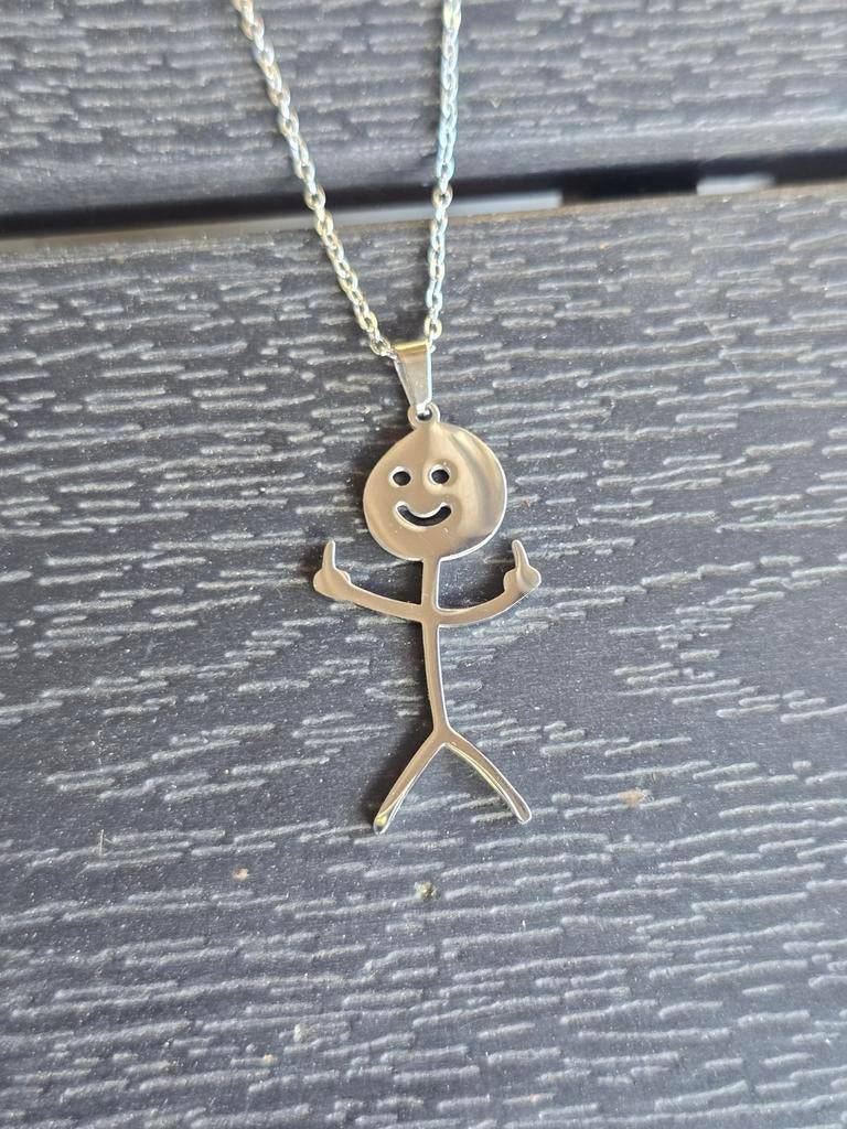Zilverkleurige ketting met grappige stickman hanger, Ophalen, Gebruikt, Zilver, Overige materialen