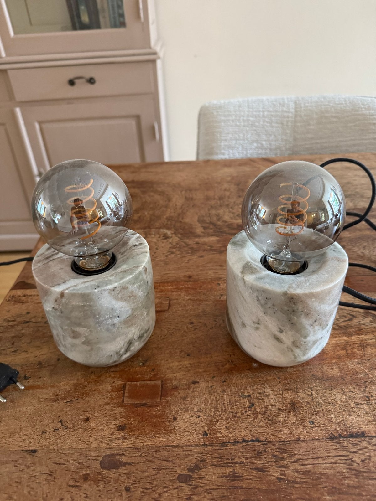 Set van 2 marmeren tafellampen met Edison lampen, Ophalen, Overige merken, E27 (groot), Inclusief lichtbron
