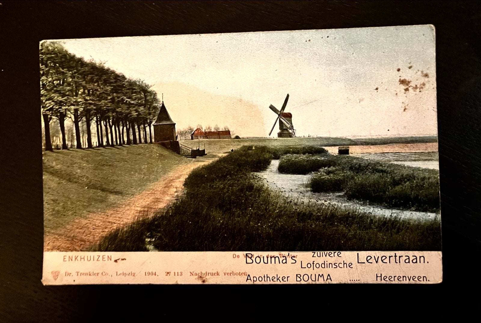 Ansichtkaart Enkhuizen met molen - Reclame Bouma Apotheek, Ophalen of Verzenden, Voor 1920, Ongelopen, Noord-Holland