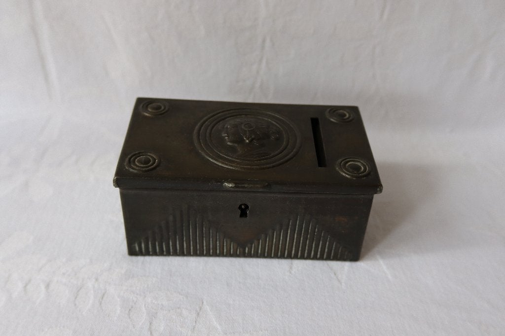 Antieke Art Deco metalen spaardoosje c 1920, Antiek en Kunst, Ophalen of Verzenden