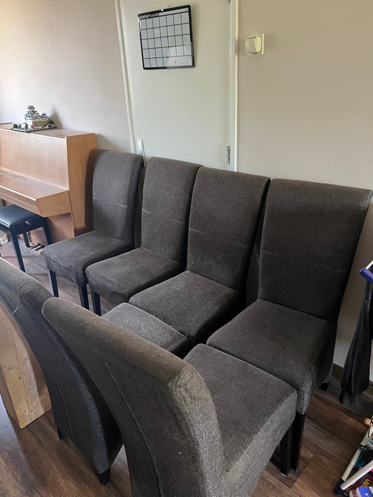6x Donkergrijze Eetkamerstoelen - Gebruikt, Huis en Inrichting, Stoelen, Ophalen, Gebruikt, Vijf, Zes of meer stoelen, Stof