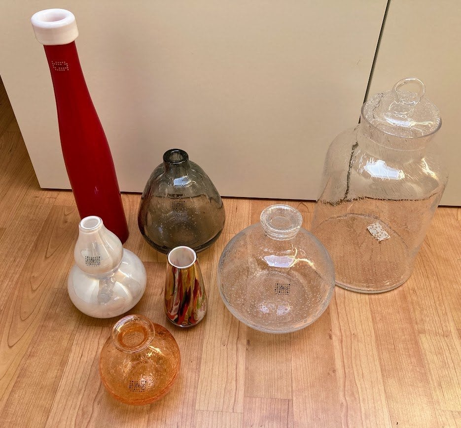 6 Nieuwe Fidrio vazen. o.a. Bubbles+multi color+Candy pot, Ophalen