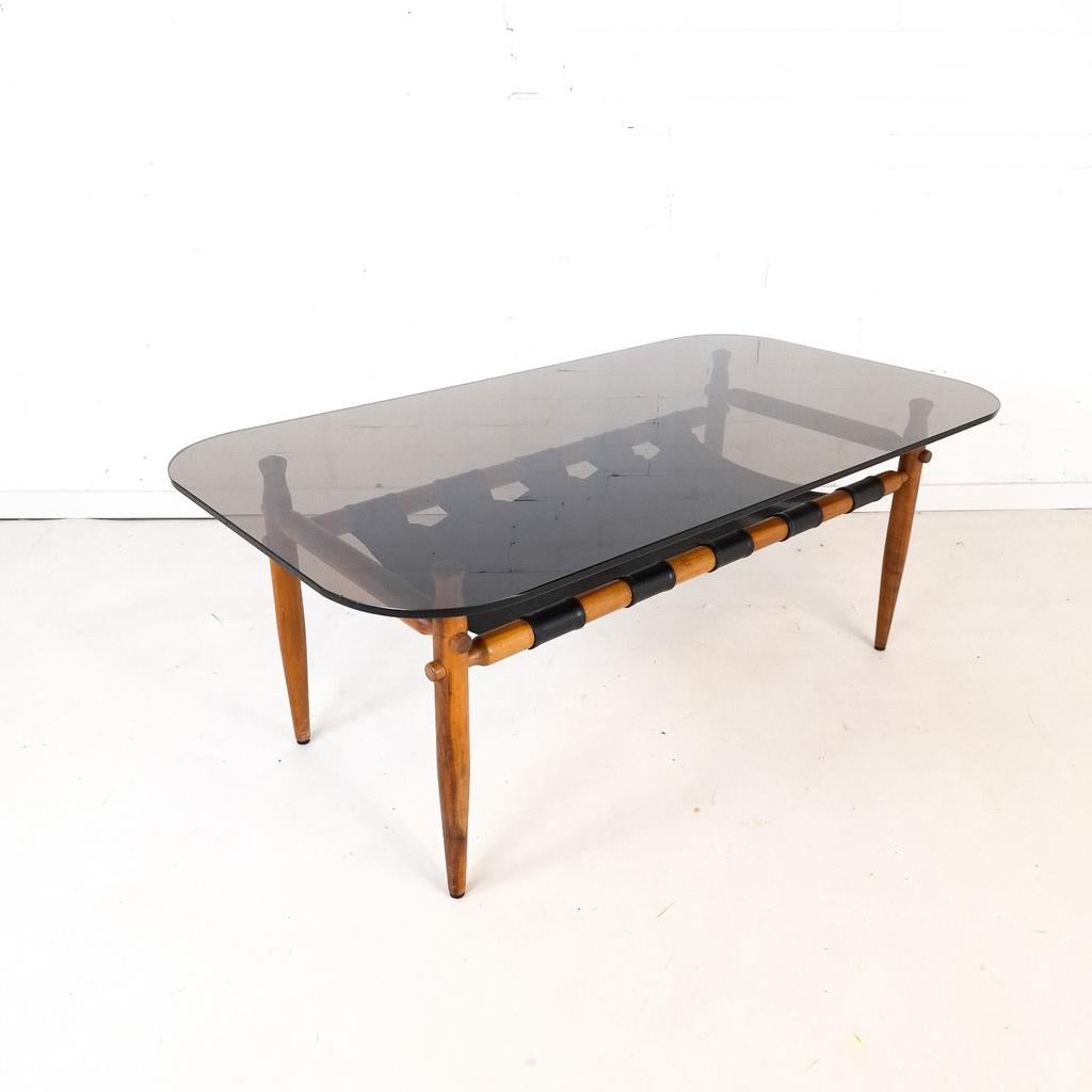 Vintage salontafel Deens design jaren 70 teak/glas, Gebruikt, 100 tot 150 cm, Glas, X