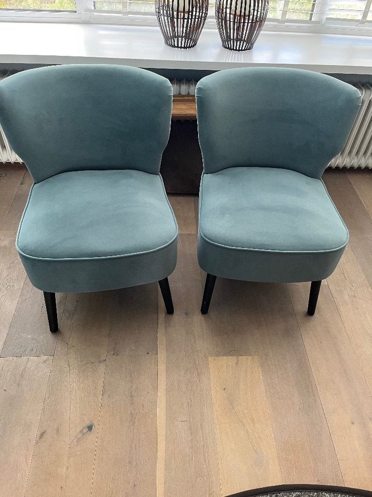 2 licht blauw/groene fauteuils, Huis en Inrichting, Ophalen, 75 tot 100 cm, Zo goed als nieuw, Stof