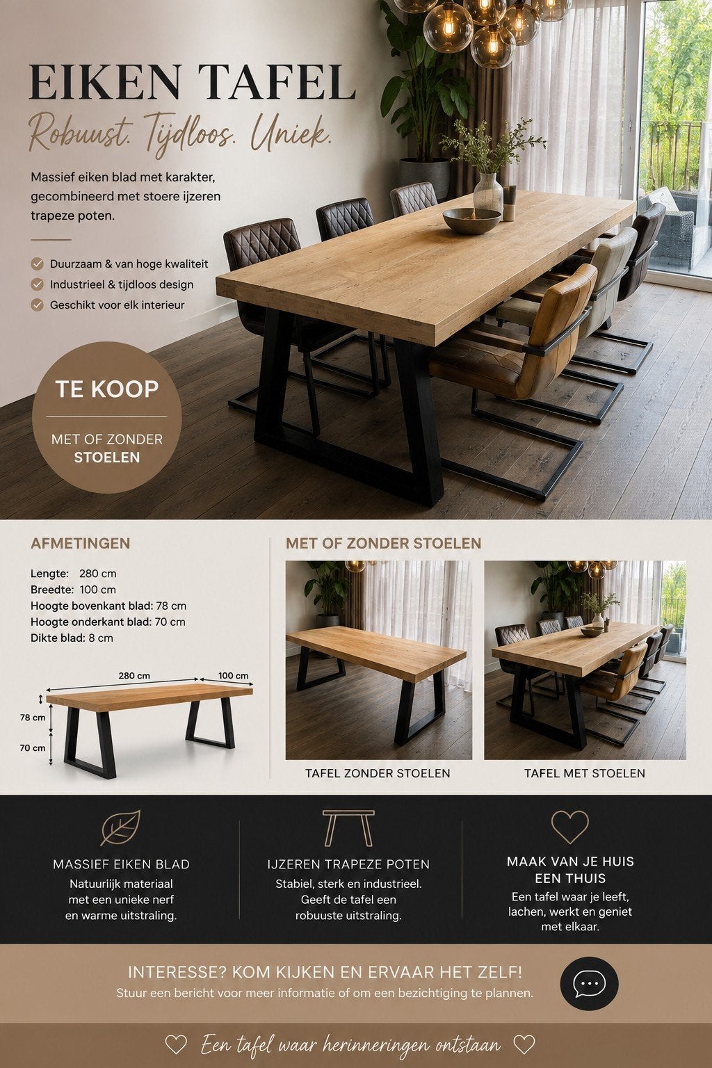 Robuuste eikenhouten tafel en 6 stoelen met metalen poten, Huis en Inrichting, Ophalen, Gebruikt, Industrieel, Robuust, Tijdloos