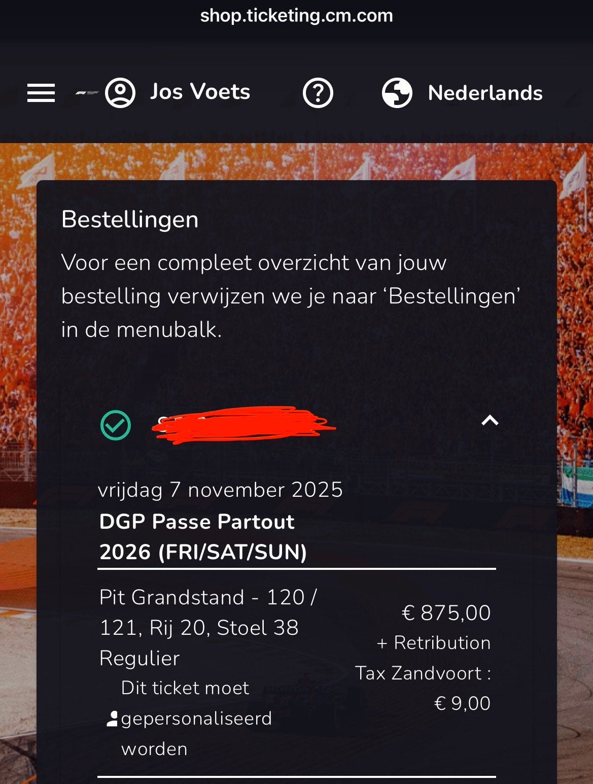 F1 Zandvoort 2026 1x Pit Grandstand 3 dagen Rij 20, Tickets en Kaartjes, Sport | Overige, Eén persoon, Augustus