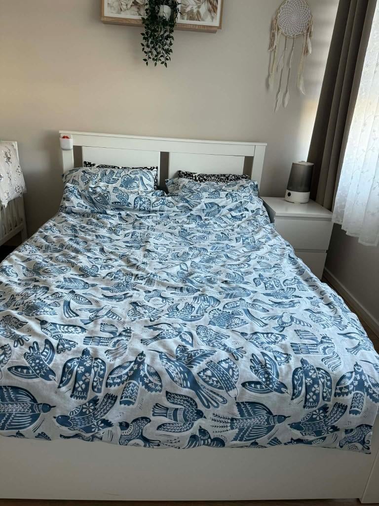 Songesand bedframe met 2 bedlades + lattenbodem + mattres, Ophalen, Wit, Tweepersoons, 140 cm
