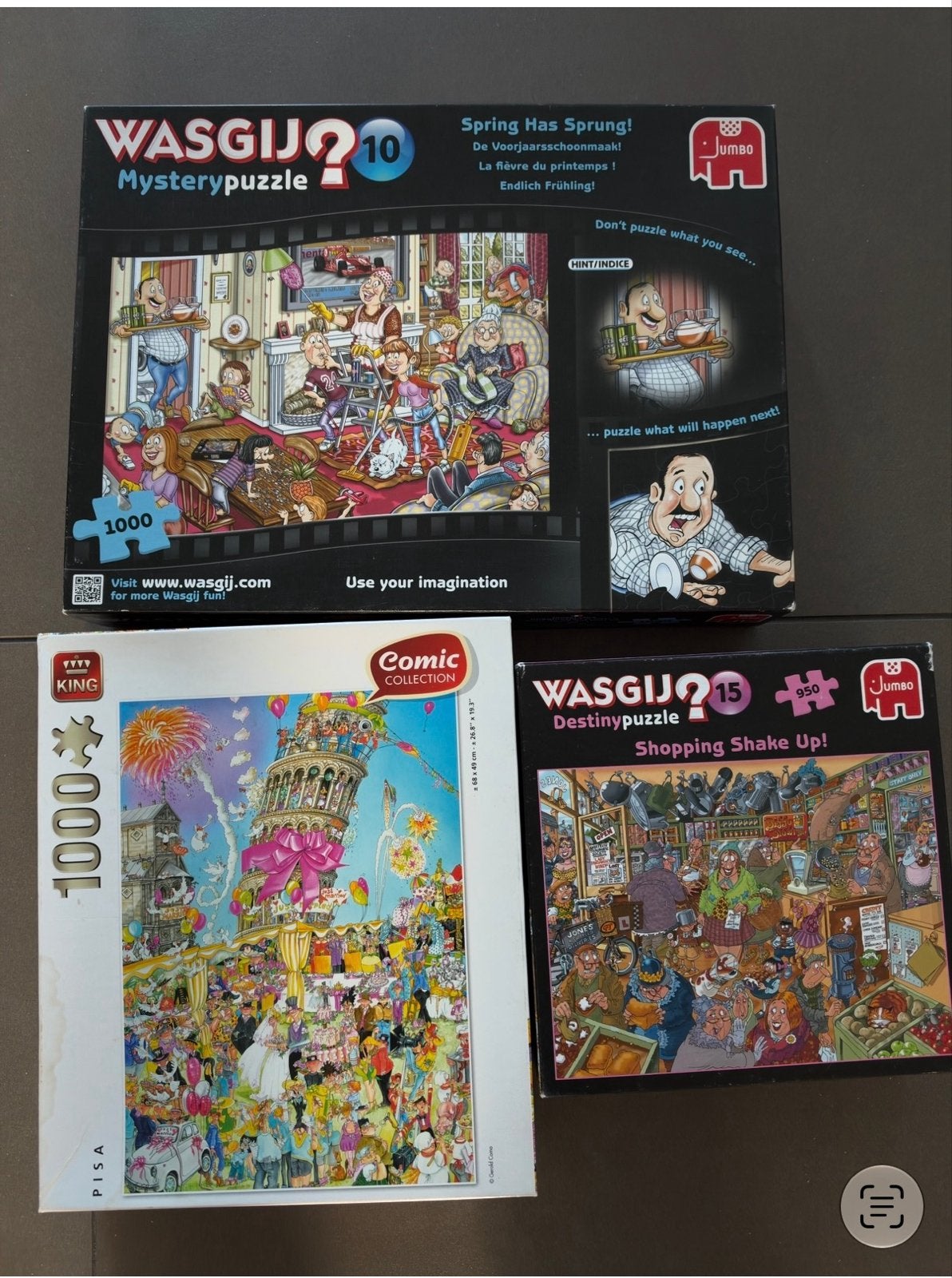 3 Legpuzzels: Wasgij Mystery 10, Destiny 15 & King Comic Pis, Ophalen, 500 t/m 1500 stukjes, Gebruikt, Legpuzzel