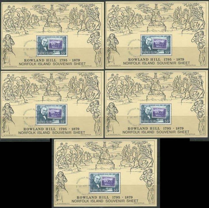 NORFOLK 1979 Rowland Hill Blokje x 5 exemplaren, alle FD ges, Verzenden, Gestempeld