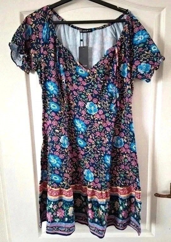 Nieuwe boho bloemenjurk Sheilay XL maat 42 Ibiza stijl, Blauw, Nieuw, Ophalen of Verzenden, Knielengte