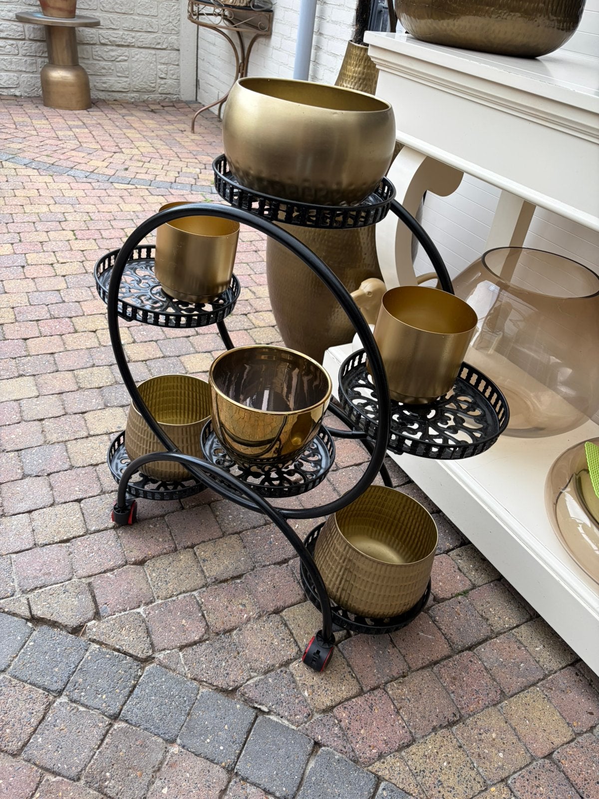 Etagere groot zwart met gouden potten, Ophalen, Zo goed als nieuw