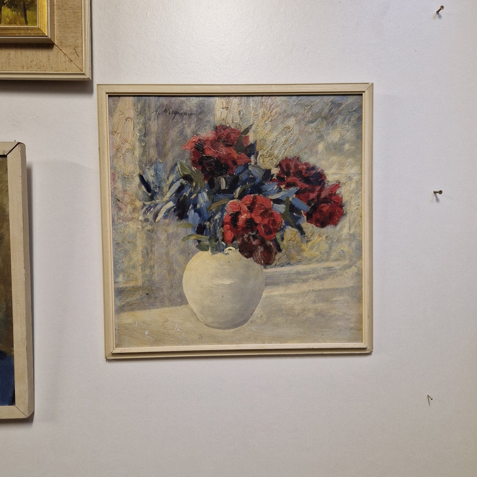 vintage schilderij bloemen op vaas stilleven olieverf op, Antiek en Kunst, Bloemen, Doek, Ophalen of Verzenden, Handgeschilderd