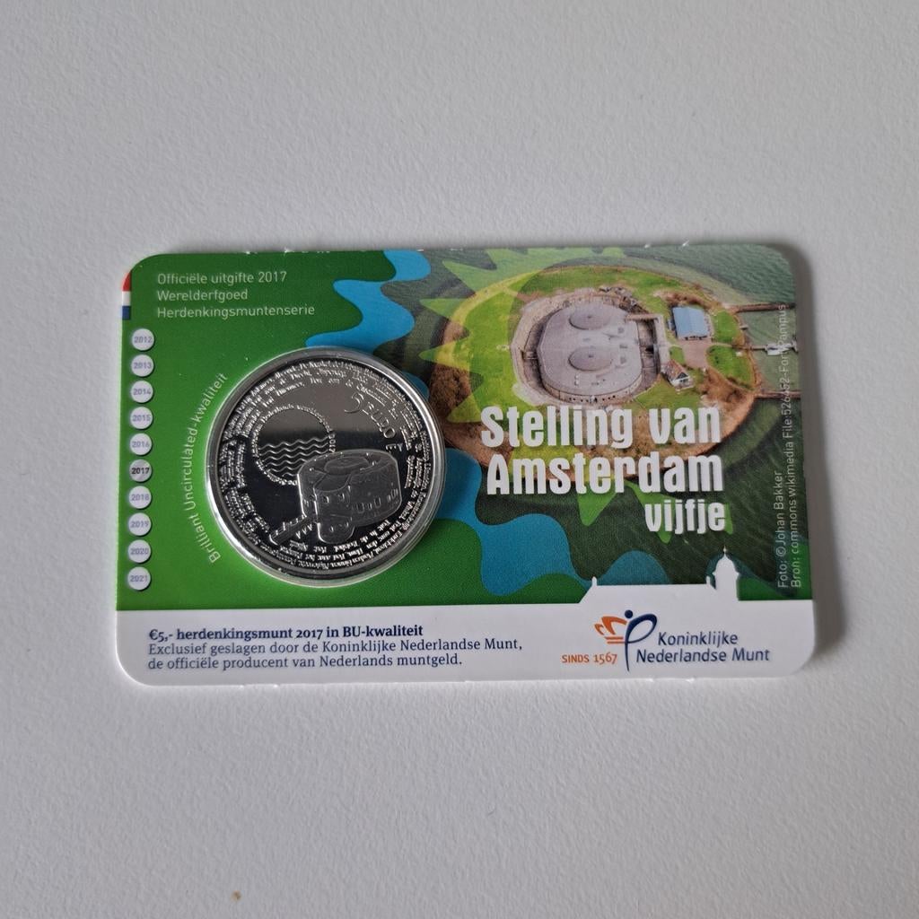 Stelling van Amsterdam Vijfje Coincard 2017 BU Kwaliteit, Ophalen of Verzenden, Koningin Beatrix, Euro's, Losse munt