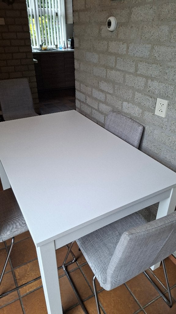 uitschuifbare eettafel wit, Huis en Inrichting, Tafels | Eettafels, Ophalen, Modern wit gelakt, Gebruikt, 50 tot 100 cm
